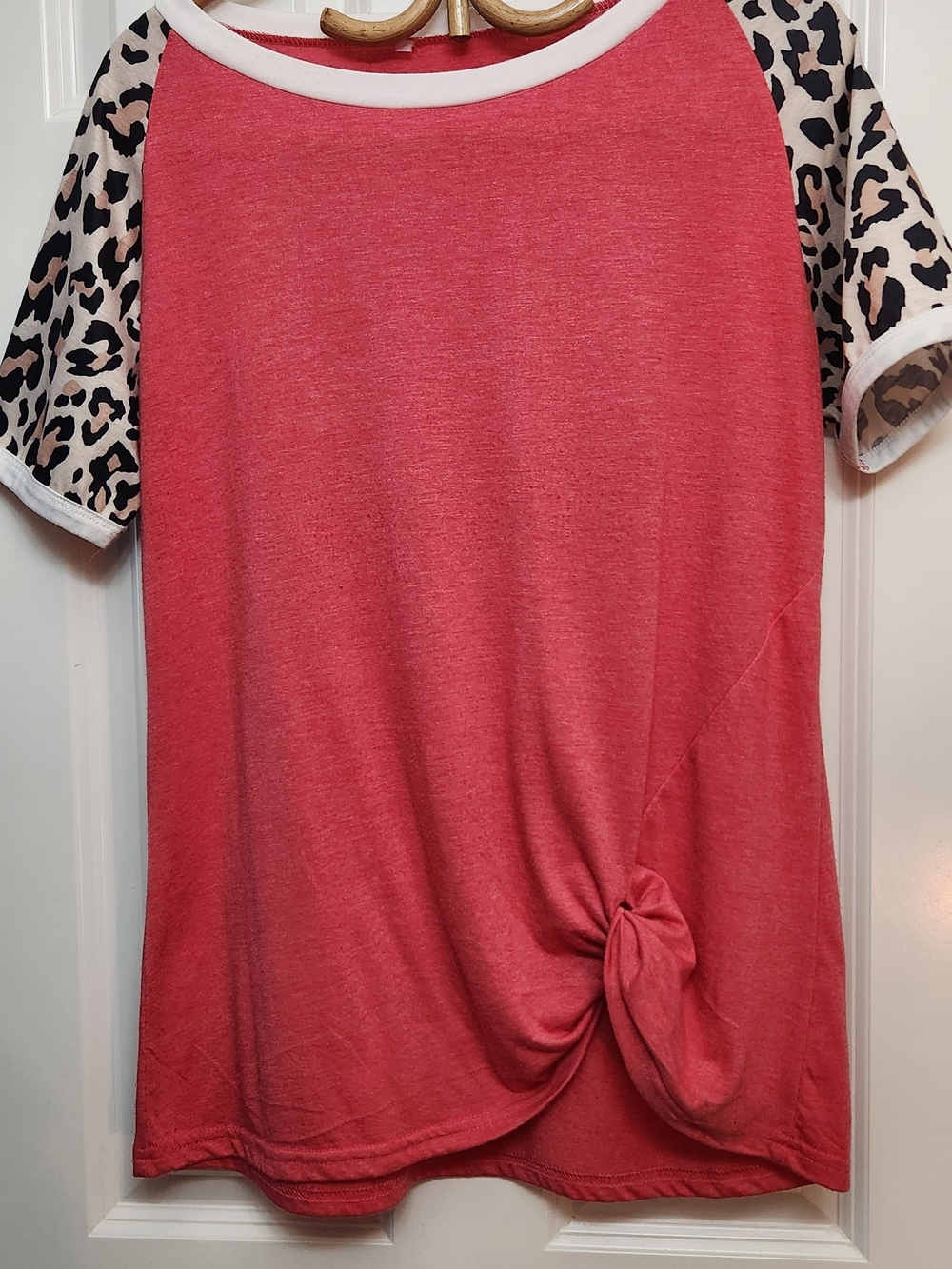 Women's Coral Pink Knot Front Raglan Top with Leopard Sleeve Detail